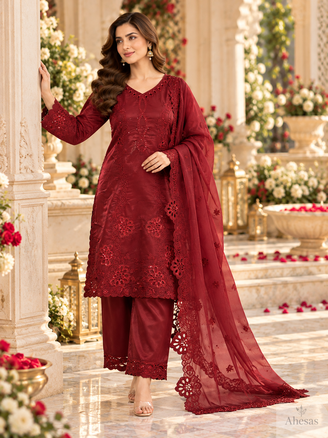 Deep Maroon Floral Embroidered Pakistani 3-Piece Suit