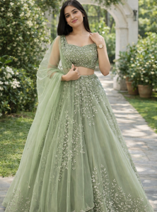 Pista Green Color Designer Net Wedding Wear Lehenga Choli