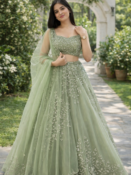 Pista Green Color Designer Net Wedding Wear Lehenga Choli