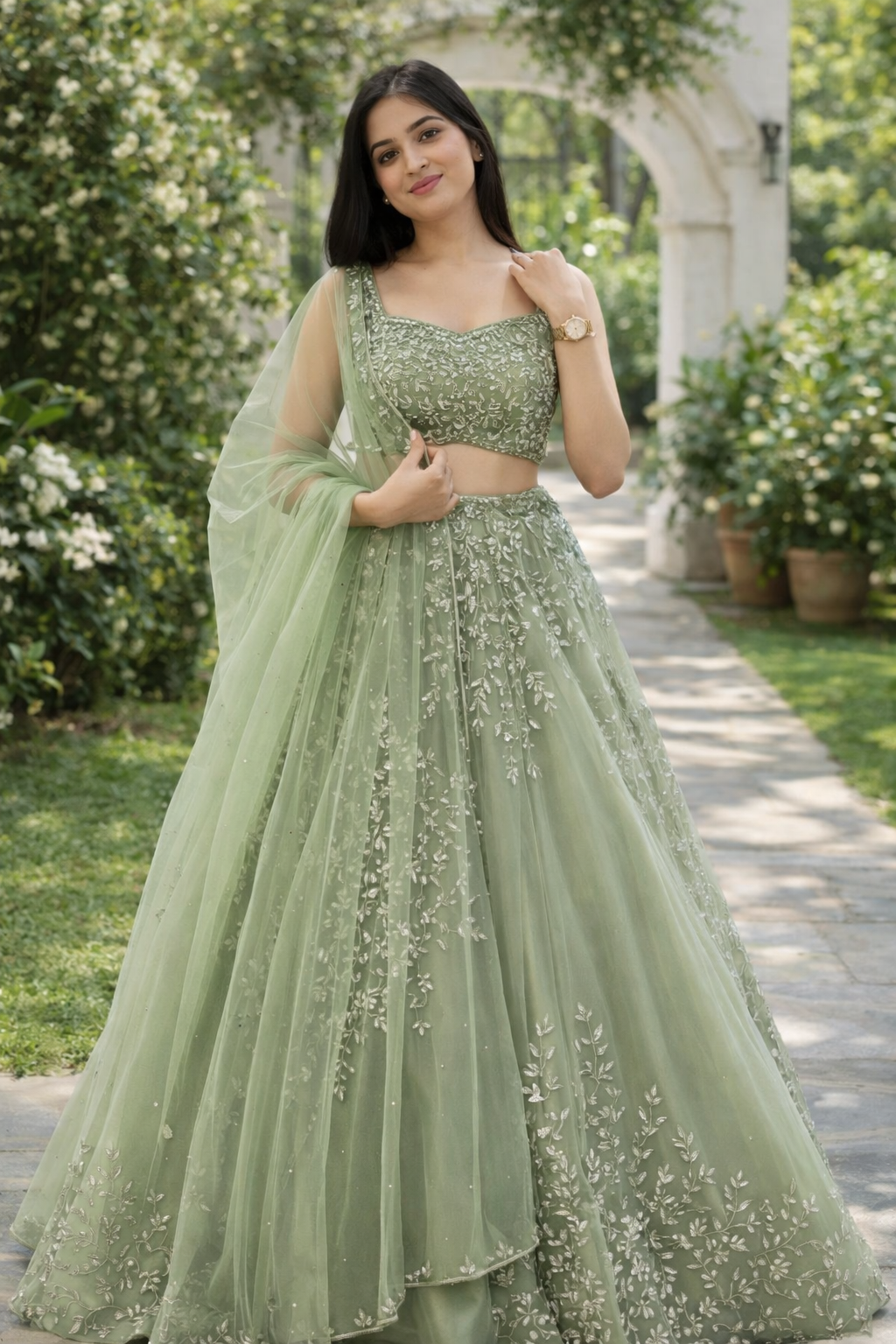 Pista Green Wedding & Party Designer Net Sequence Work Lehenga Choli