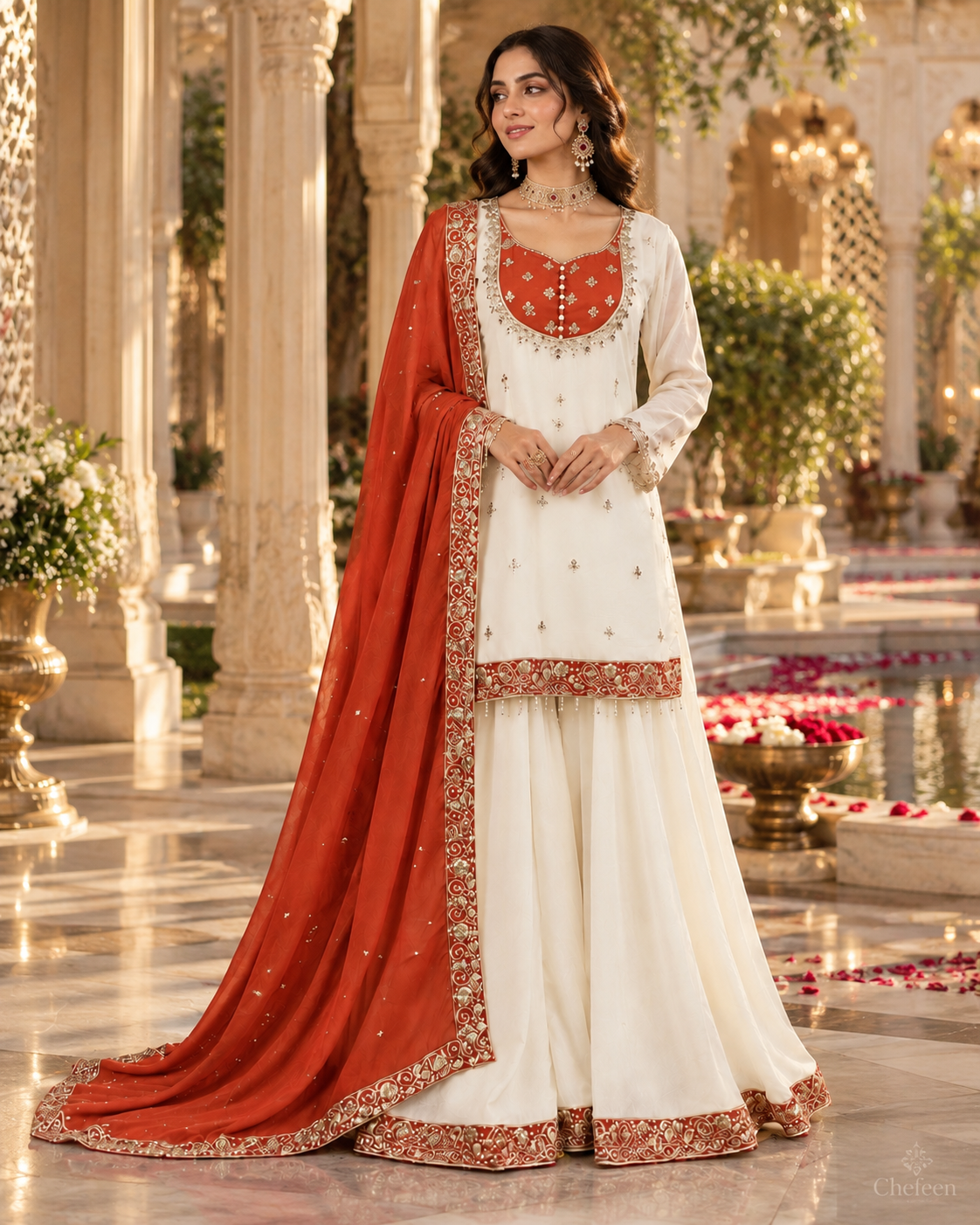 White & Rust Orange Embroidered Sharara Suit with Dupatta