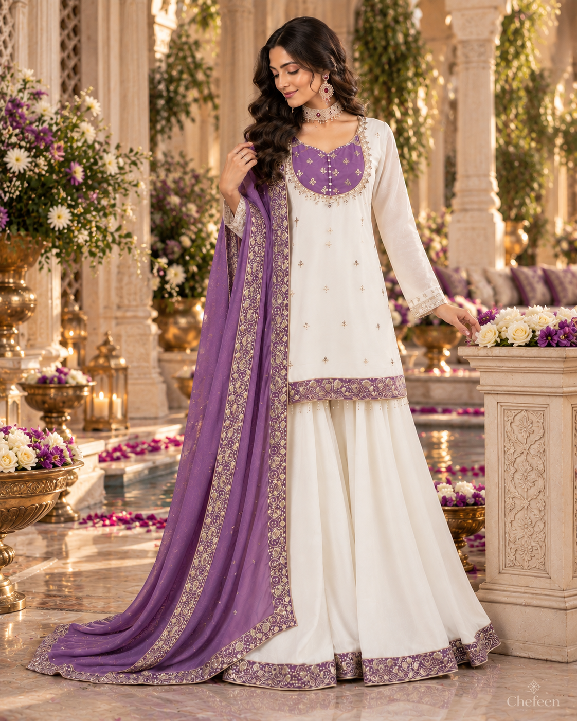 White & Purple Embroidered Sharara Suit with Dupatta