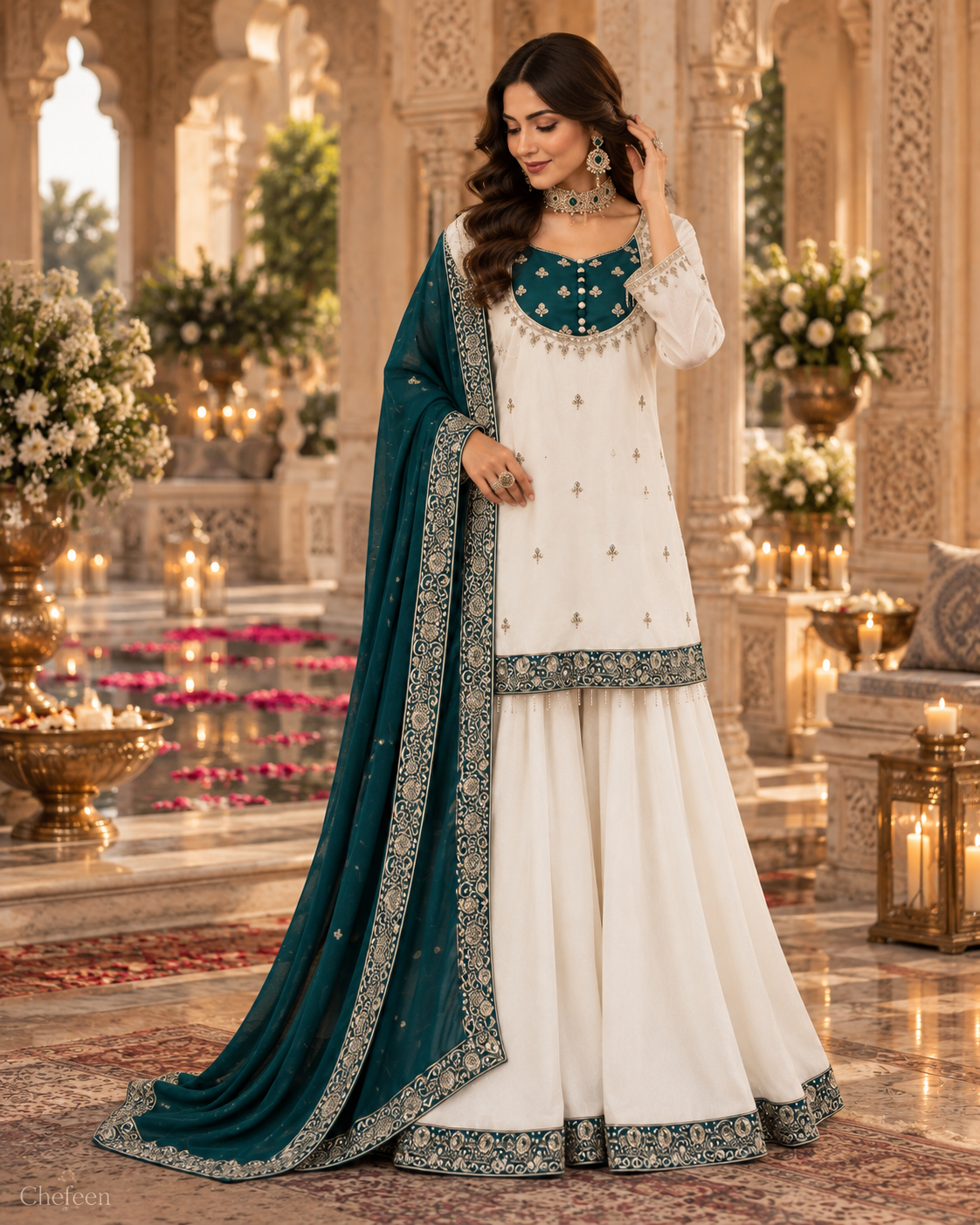 White & Deep Teal Green Embroidered Sharara Suit with Dupatta