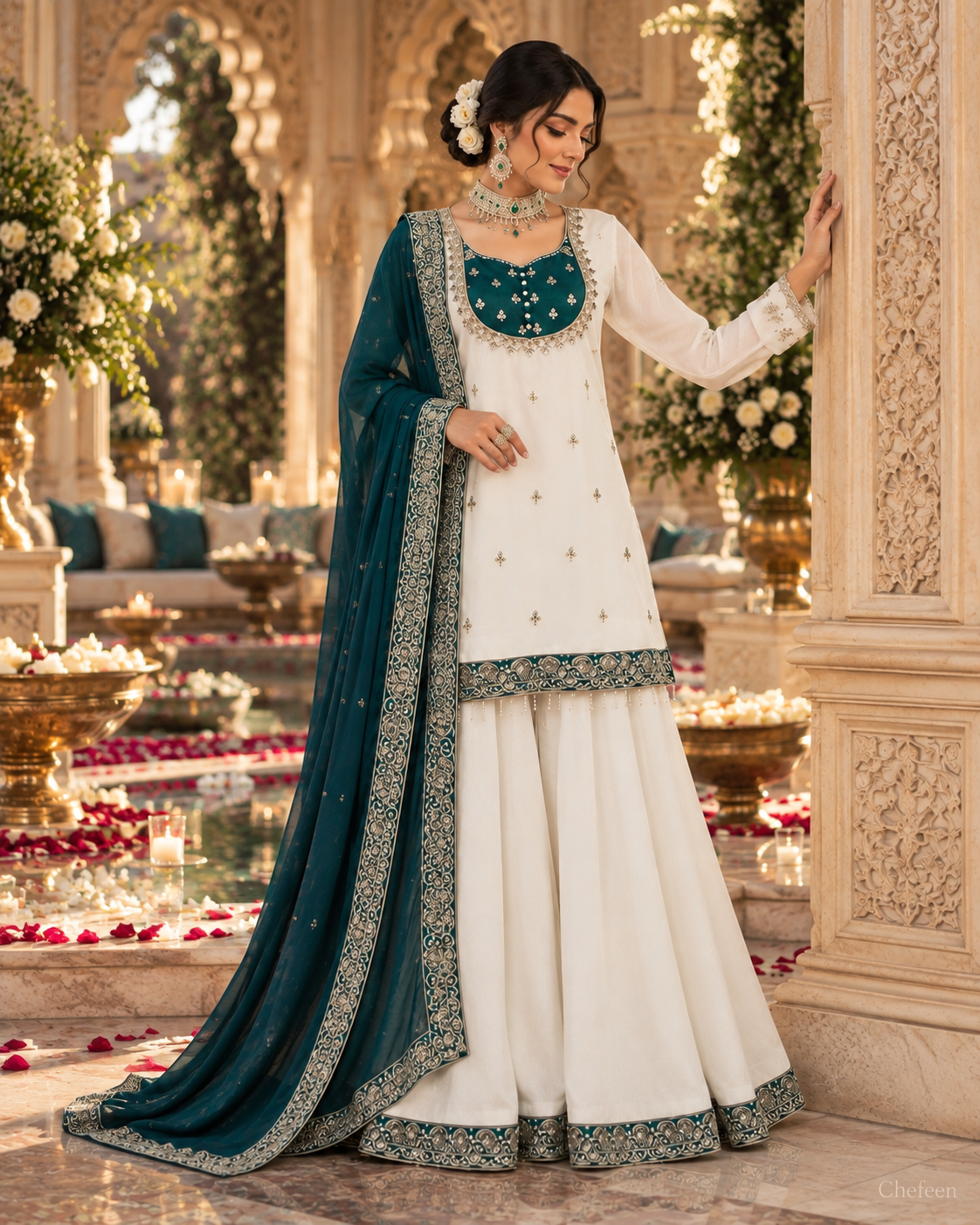 White & Deep Teal Green Embroidered Sharara Suit with Dupatta
