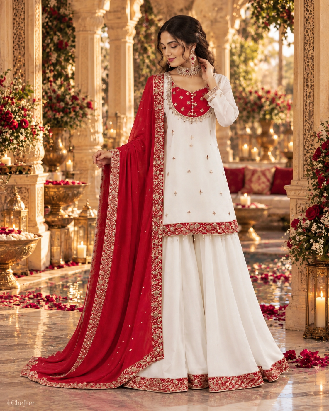 White & Hot Red Embroidered Sharara Suit with Dupatta