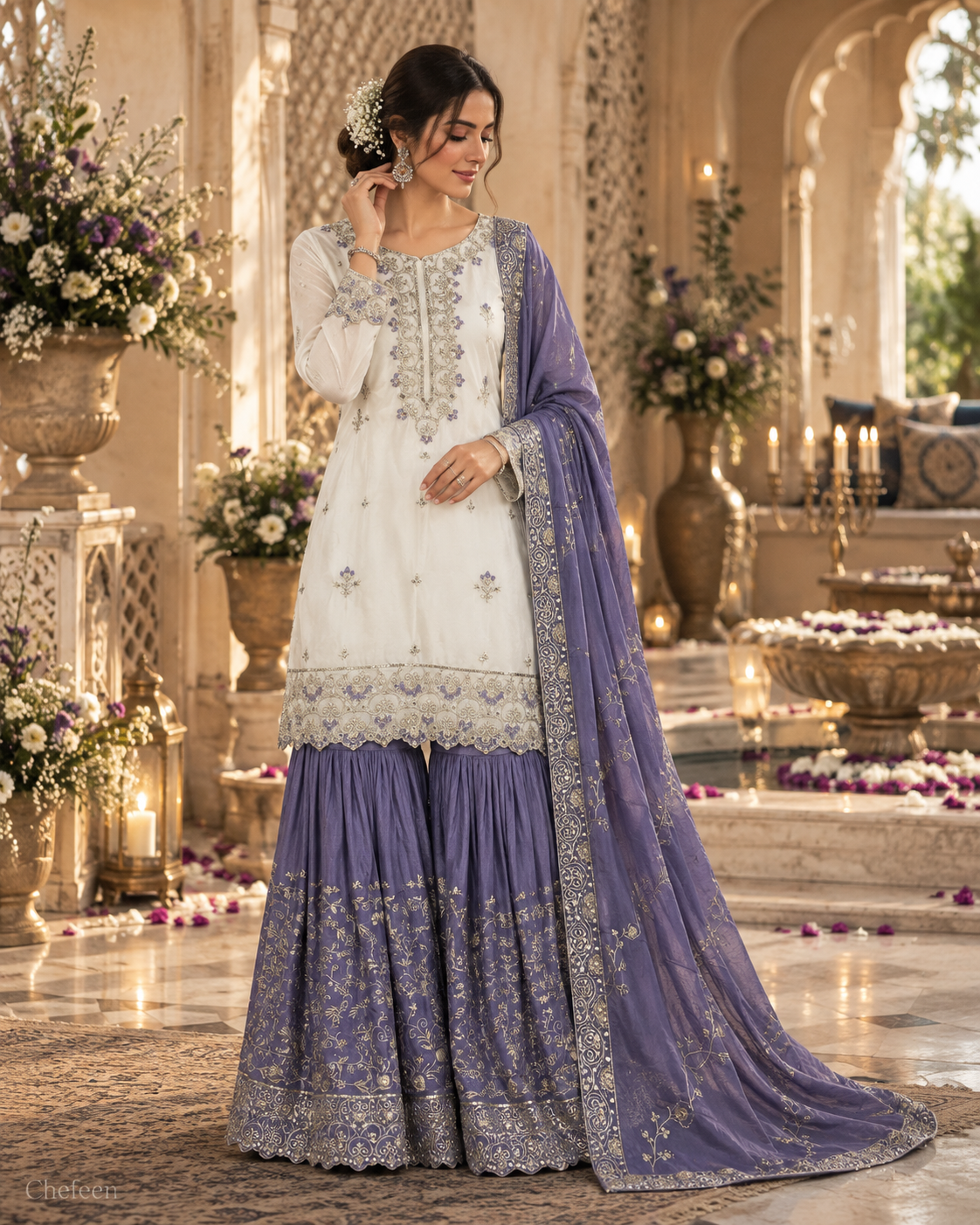 White & Deep Lavender Embroidered Sharara Suit with Dupatta