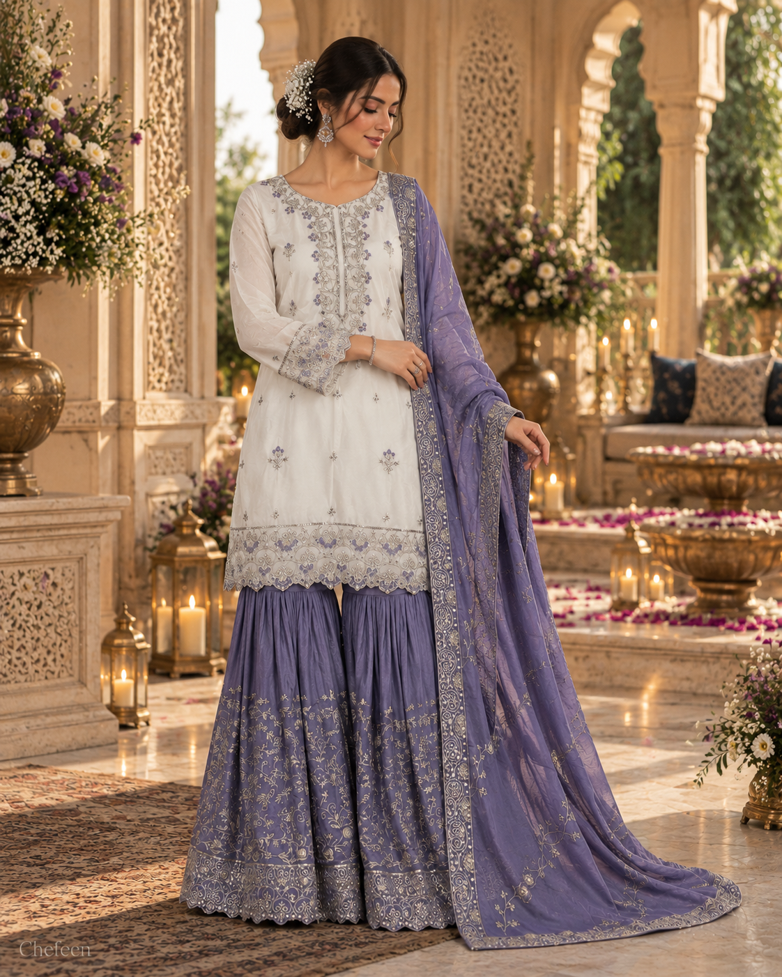White & Deep Lavender Embroidered Sharara Suit with Dupatta