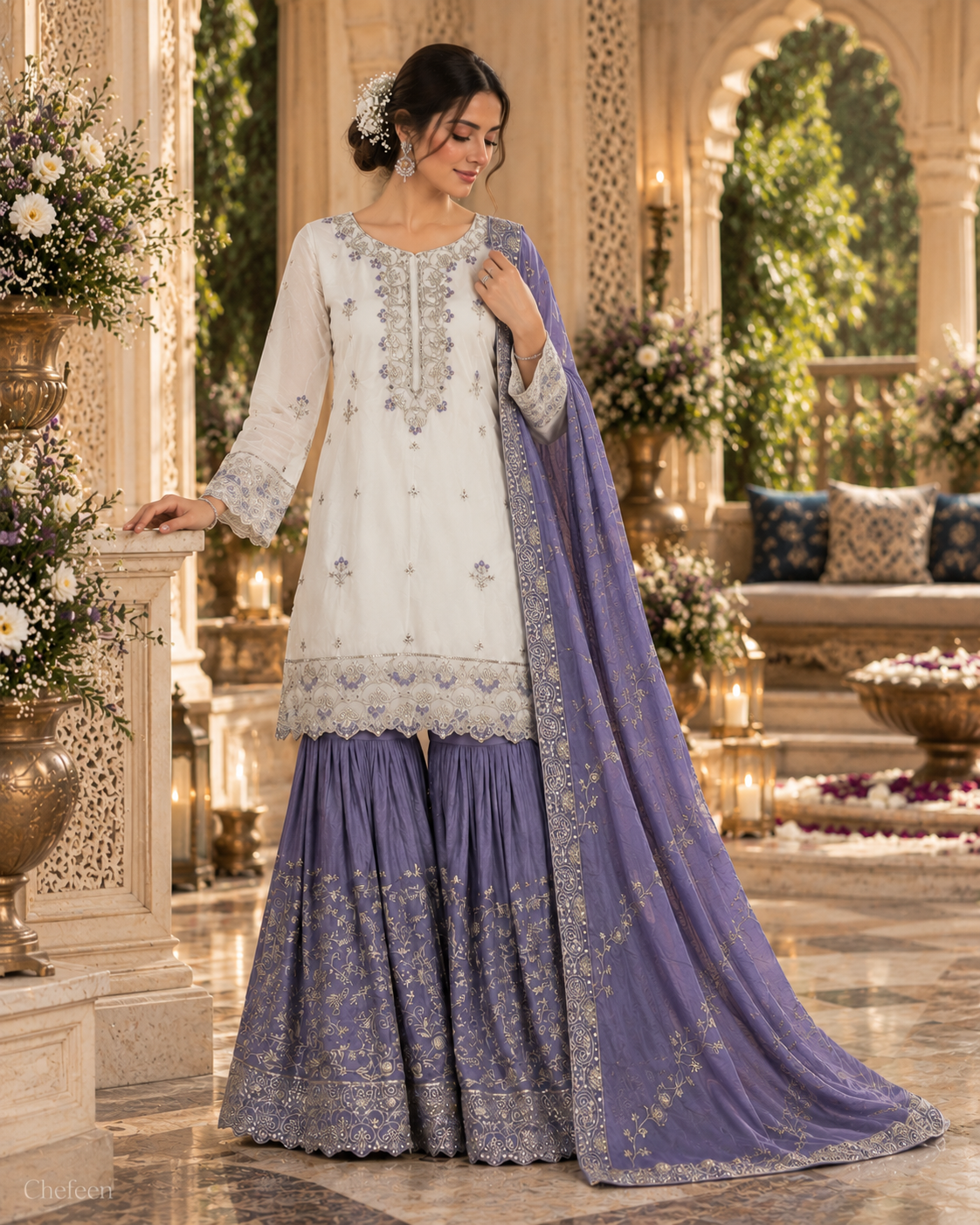 White & Deep Lavender Embroidered Sharara Suit with Dupatta