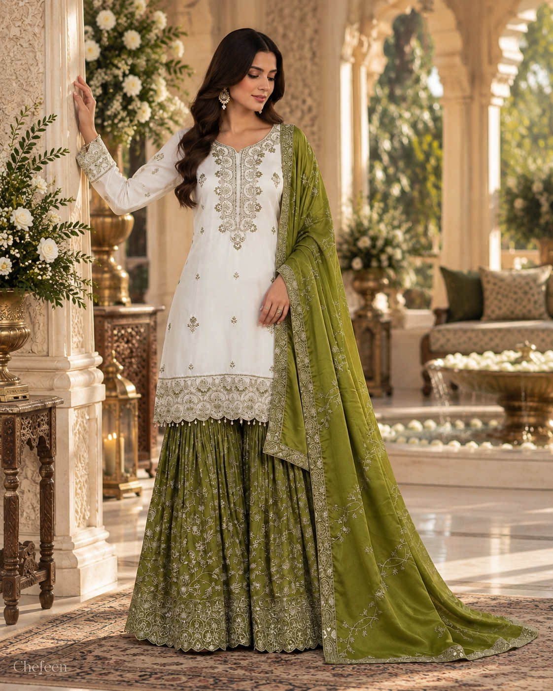 White & Olive Green Embroidered Sharara Suit with Dupatta