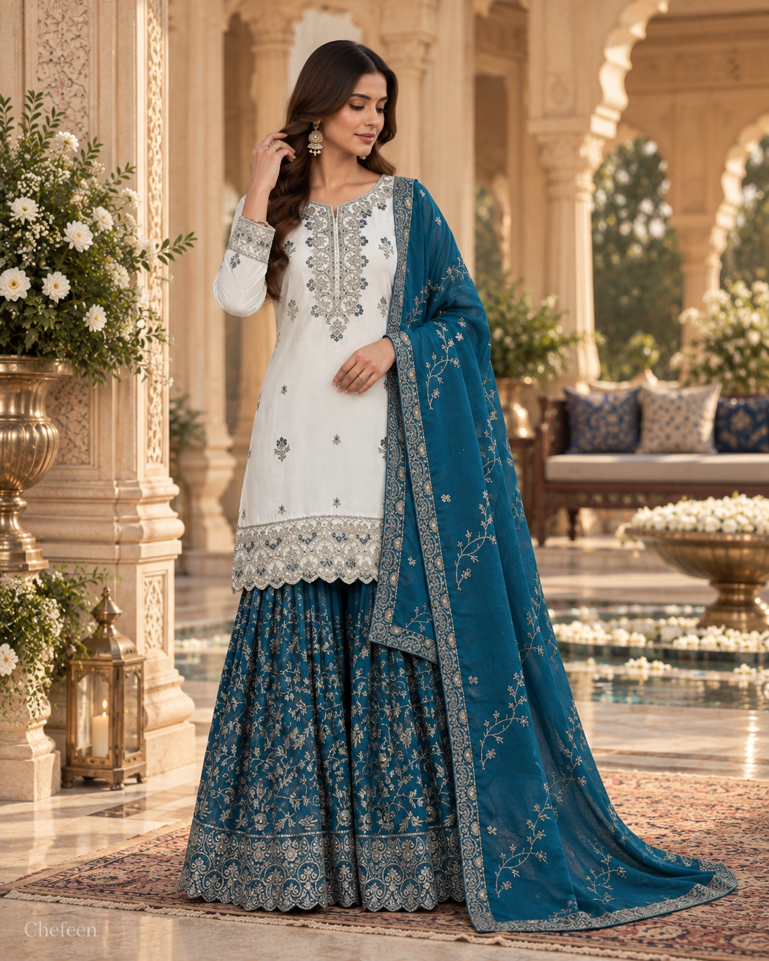 White & Teal Blue Embroidered Sharara Suit with Dupatta