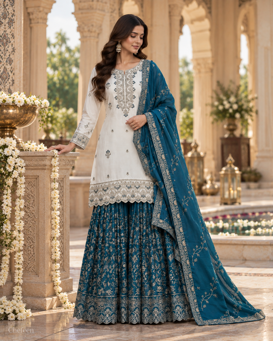 White & Teal Blue Embroidered Sharara Suit with Dupatta