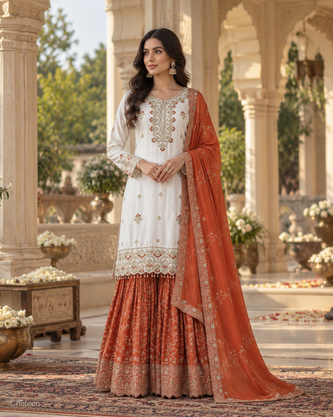 White & Orange Embroidered Sharara Suit with Dupatta
