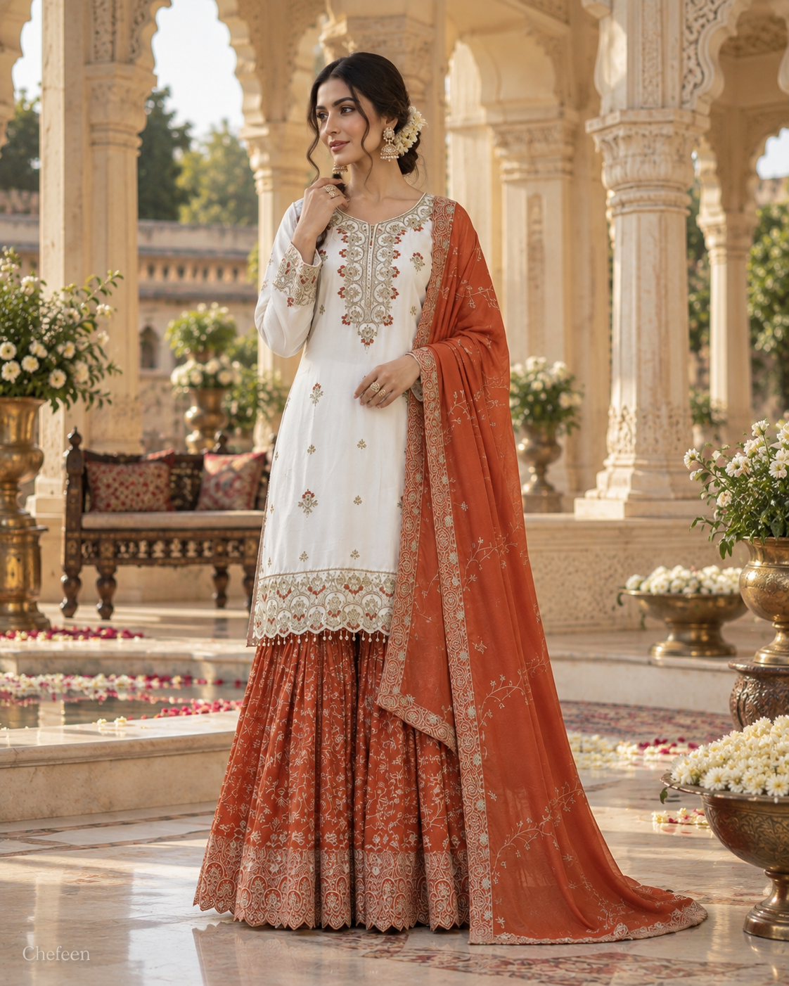 White & Orange Embroidered Sharara Suit with Dupatta
