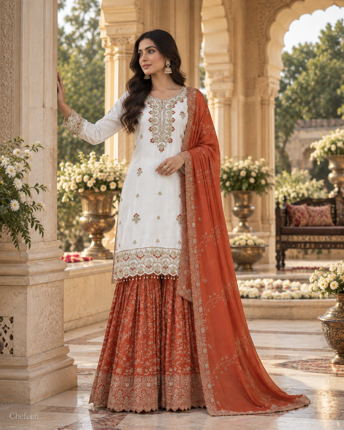 White & Orange Embroidered Sharara Suit with Dupatta