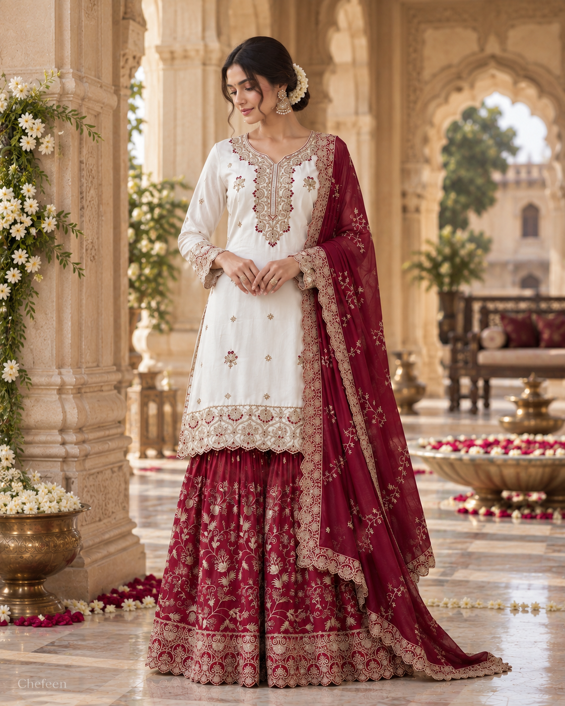 White & Deep Red Embroidered Sharara Suit with Dupatta