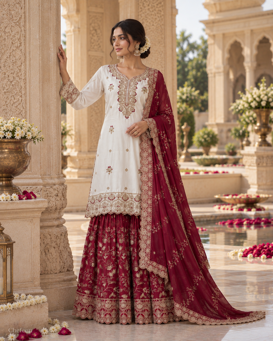 White & Deep Red Embroidered Sharara Suit with Dupatta