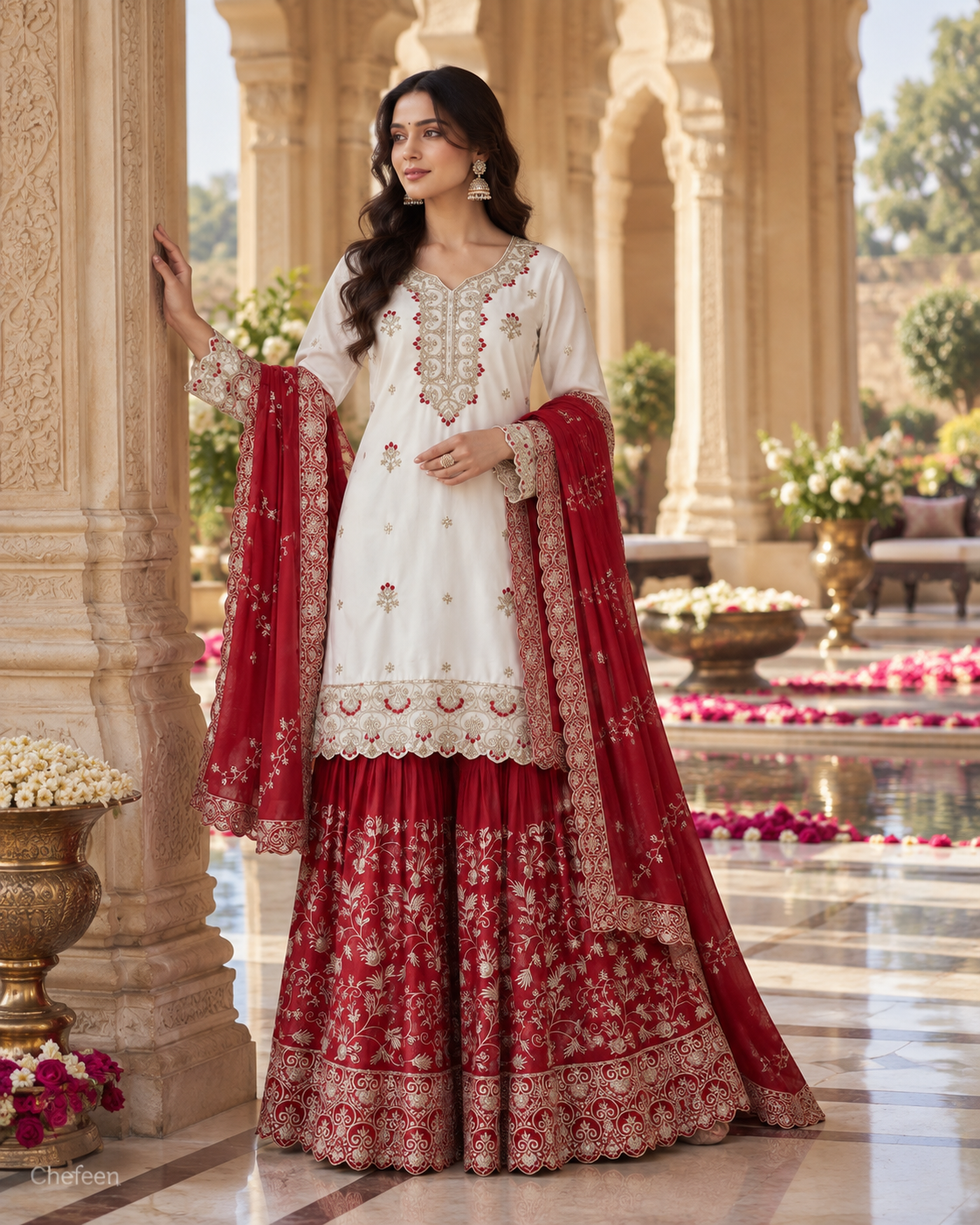 White & Red Embroidered Sharara Suit with Dupatta