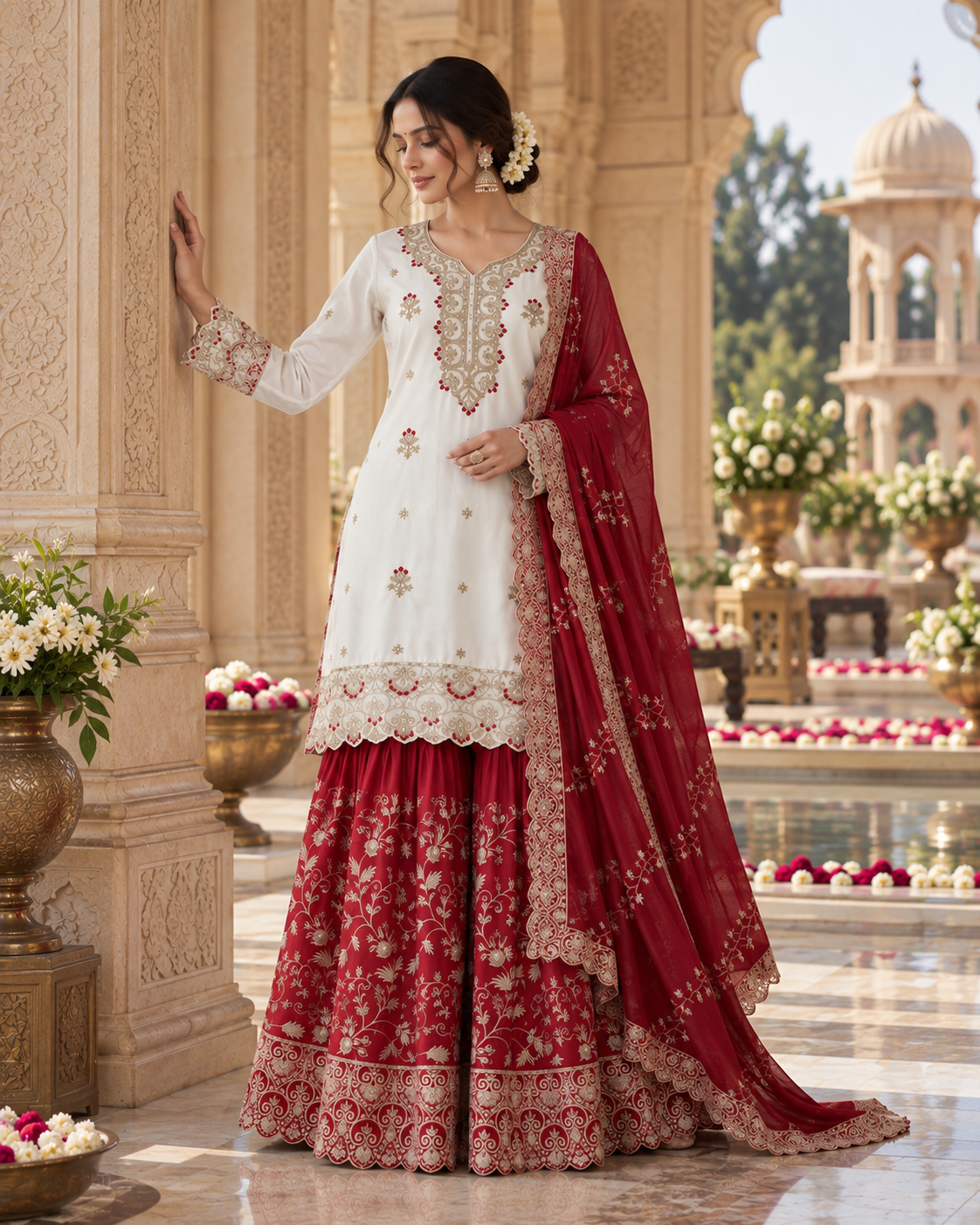 White & Red Embroidered Sharara Suit with Dupatta