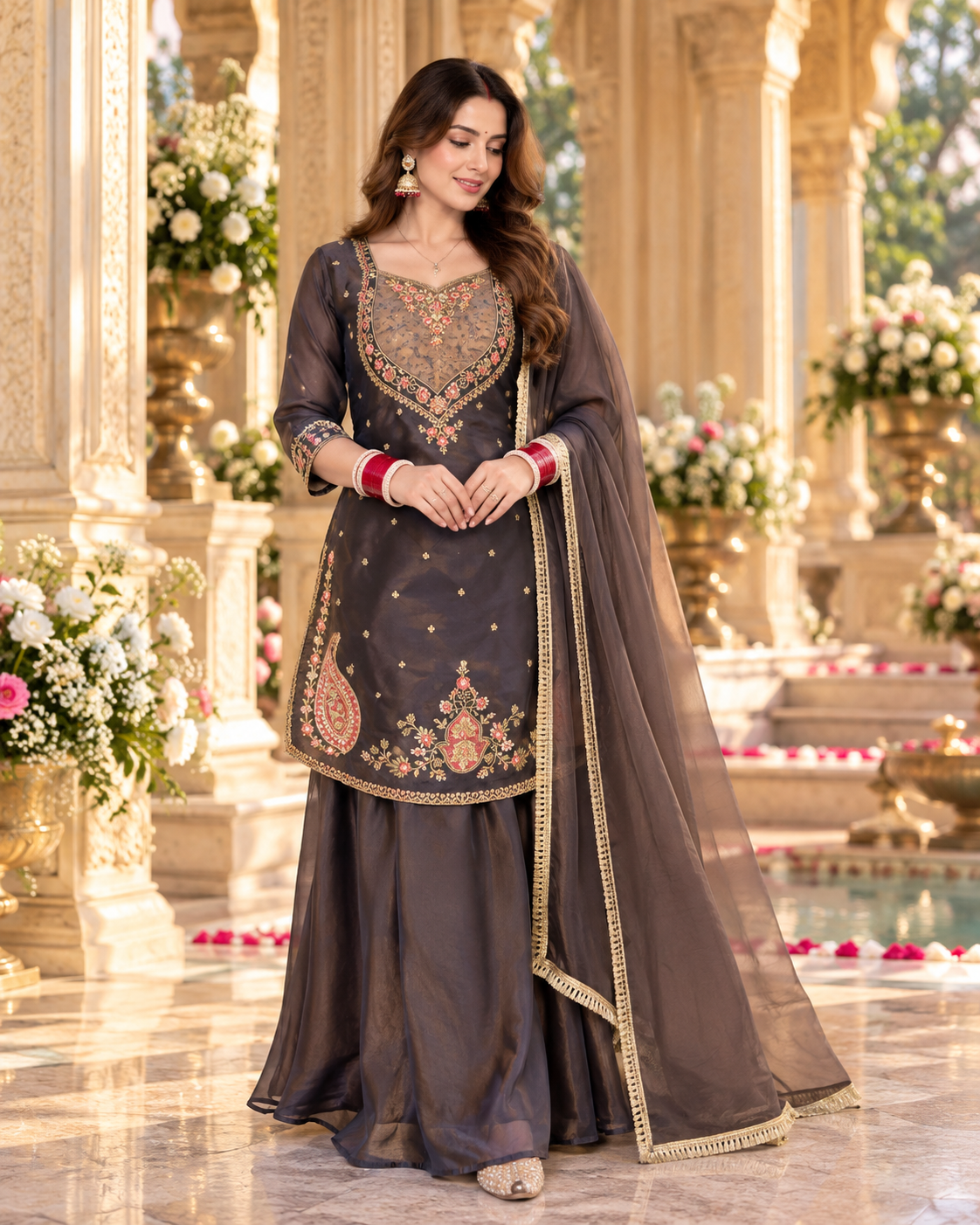 Coffee Brown Embroidered Palazzo Suit with Dupatta