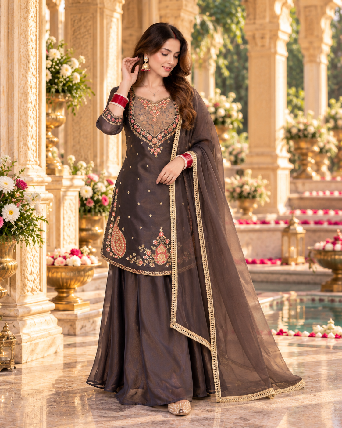Coffee Brown Embroidered Palazzo Suit with Dupatta