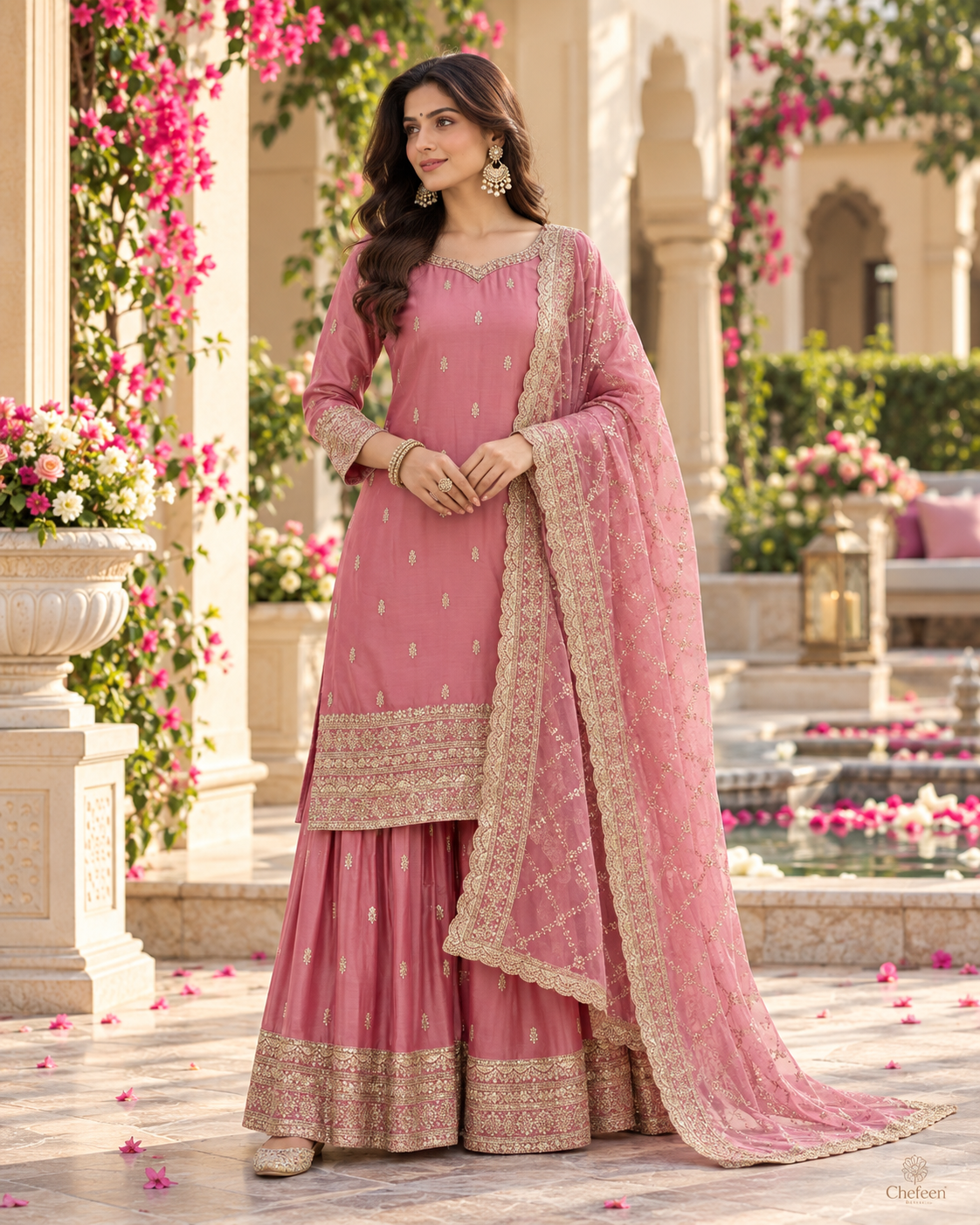 Peach Embroidery Sequins Sharara Suit with Dupatta