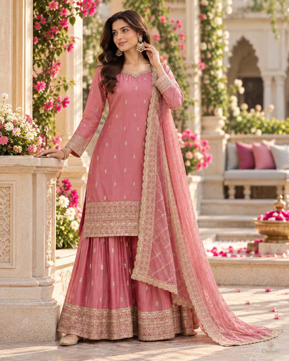 Peach Embroidery Sequins Sharara Suit with Dupatta