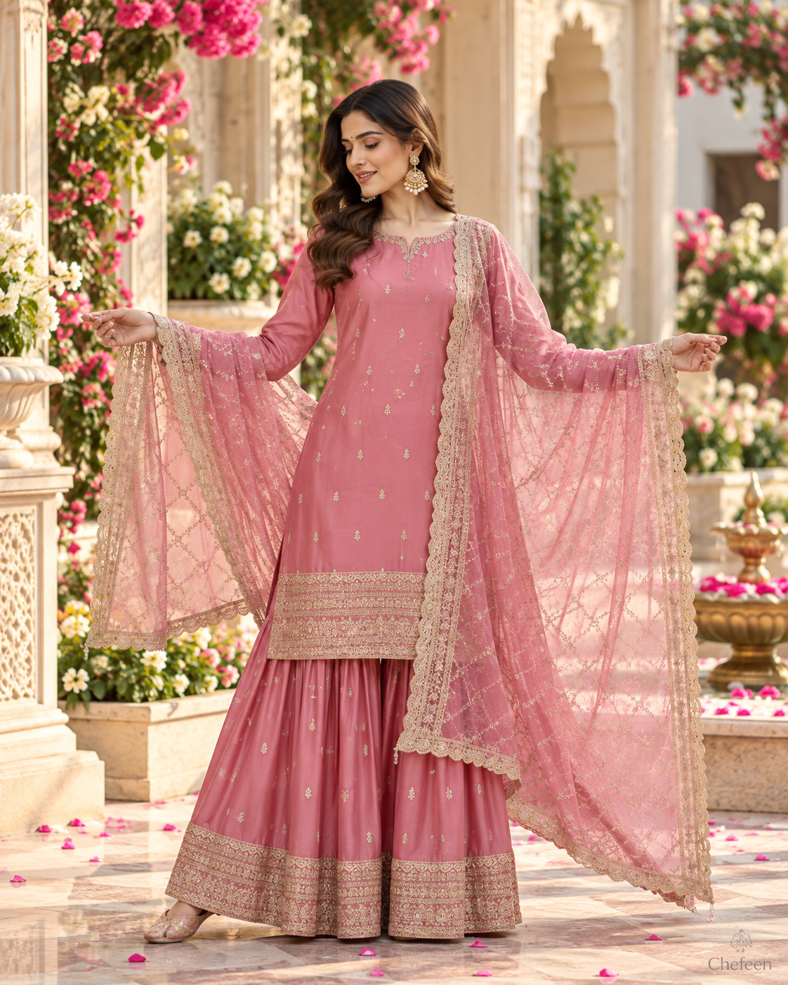 Peach Embroidery Sequins Sharara Suit with Dupatta