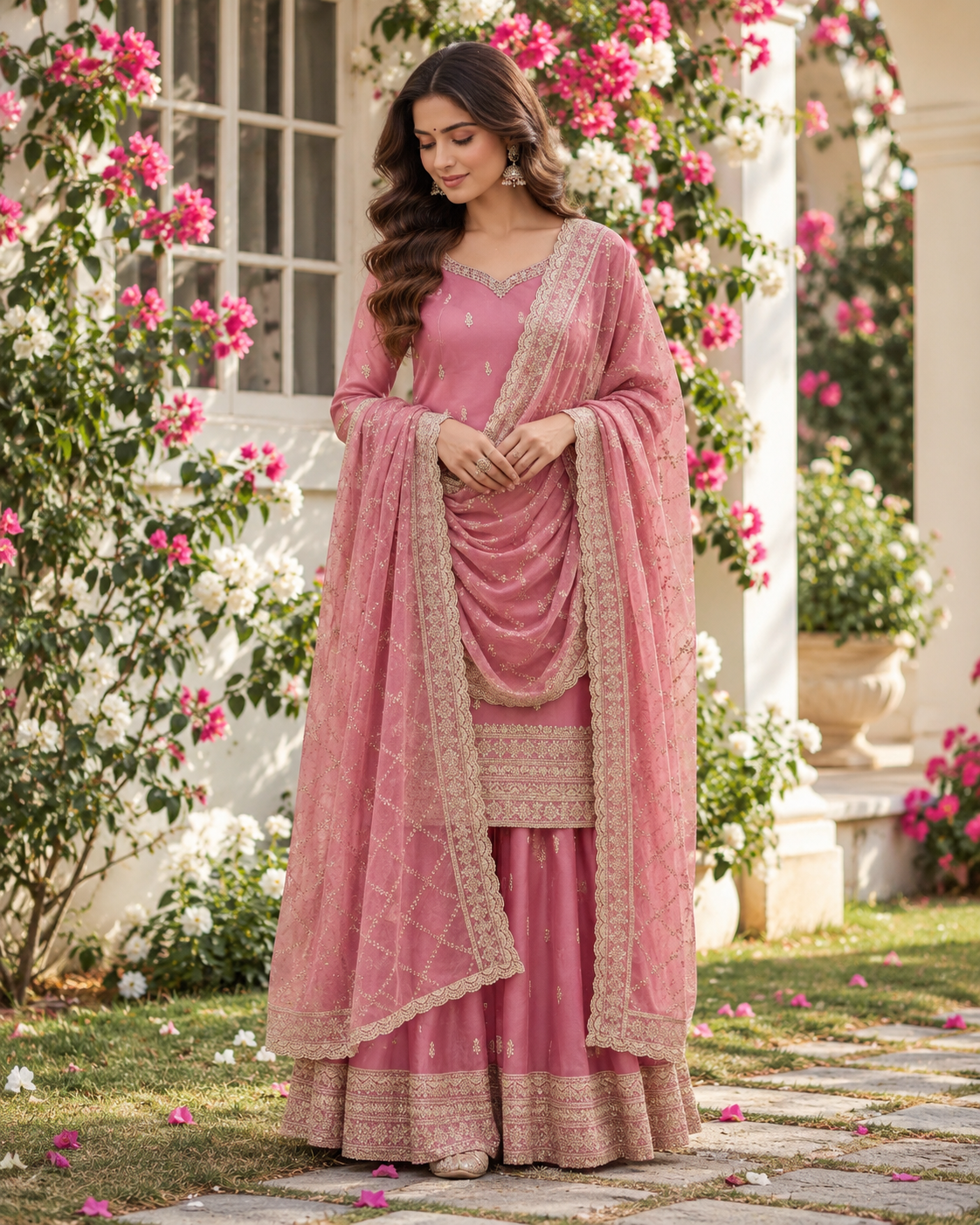 Peach Embroidery Sequins Sharara Suit with Dupatta