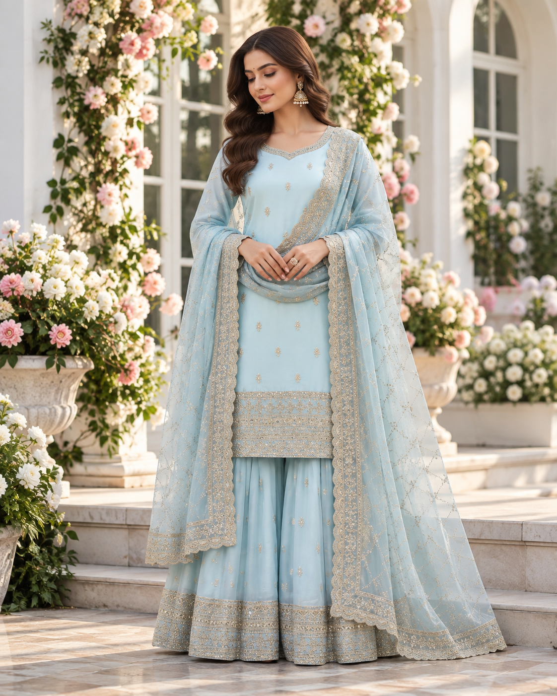 Ice Blue Embroidery Sequins Sharara Suit with Dupatta