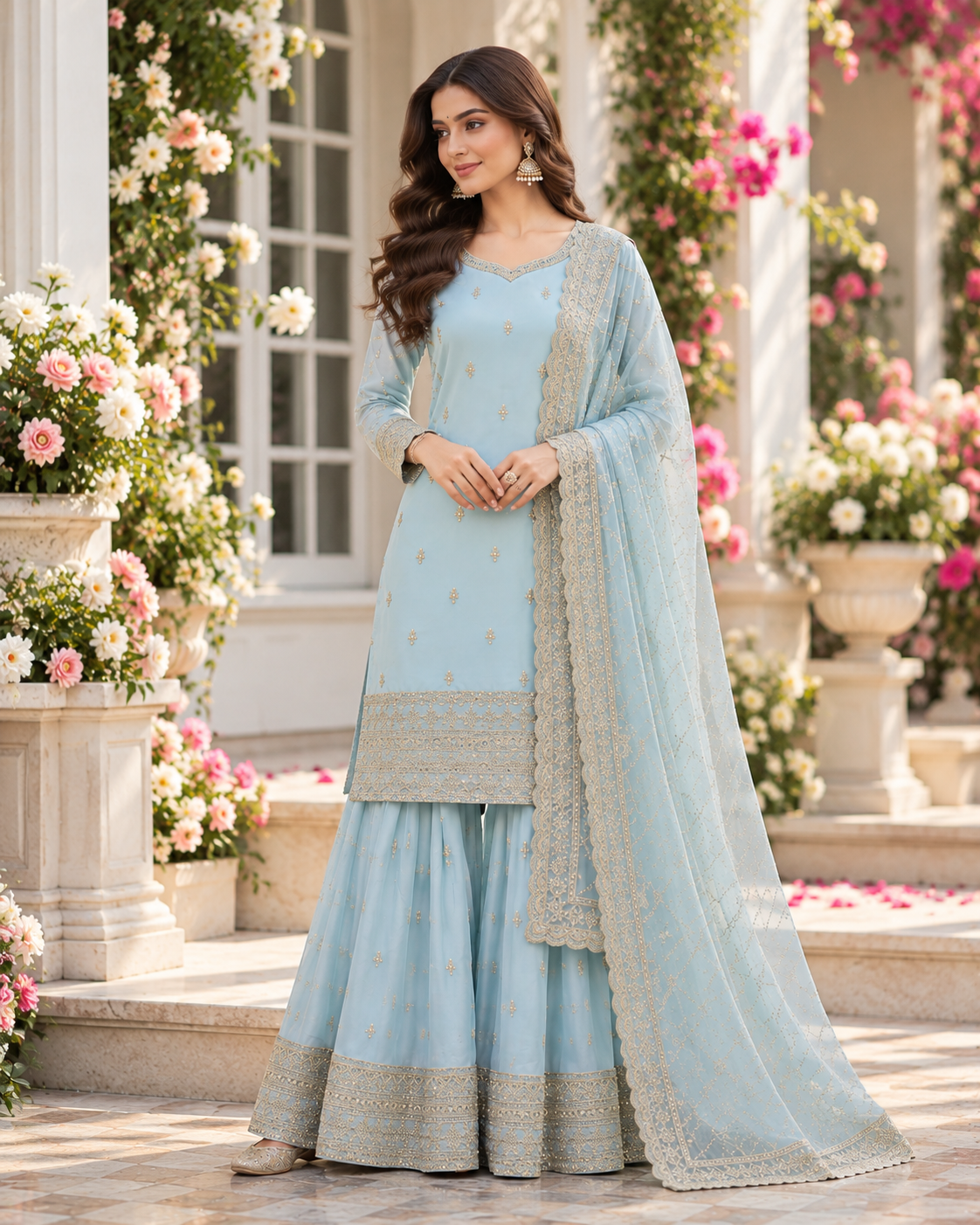 Ice Blue Embroidery Sequins Sharara Suit with Dupatta