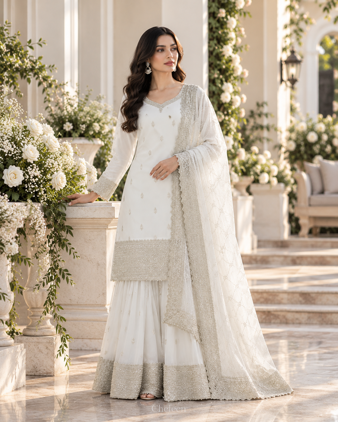 White Embroidery Sequins Sharara Suit with Dupatta