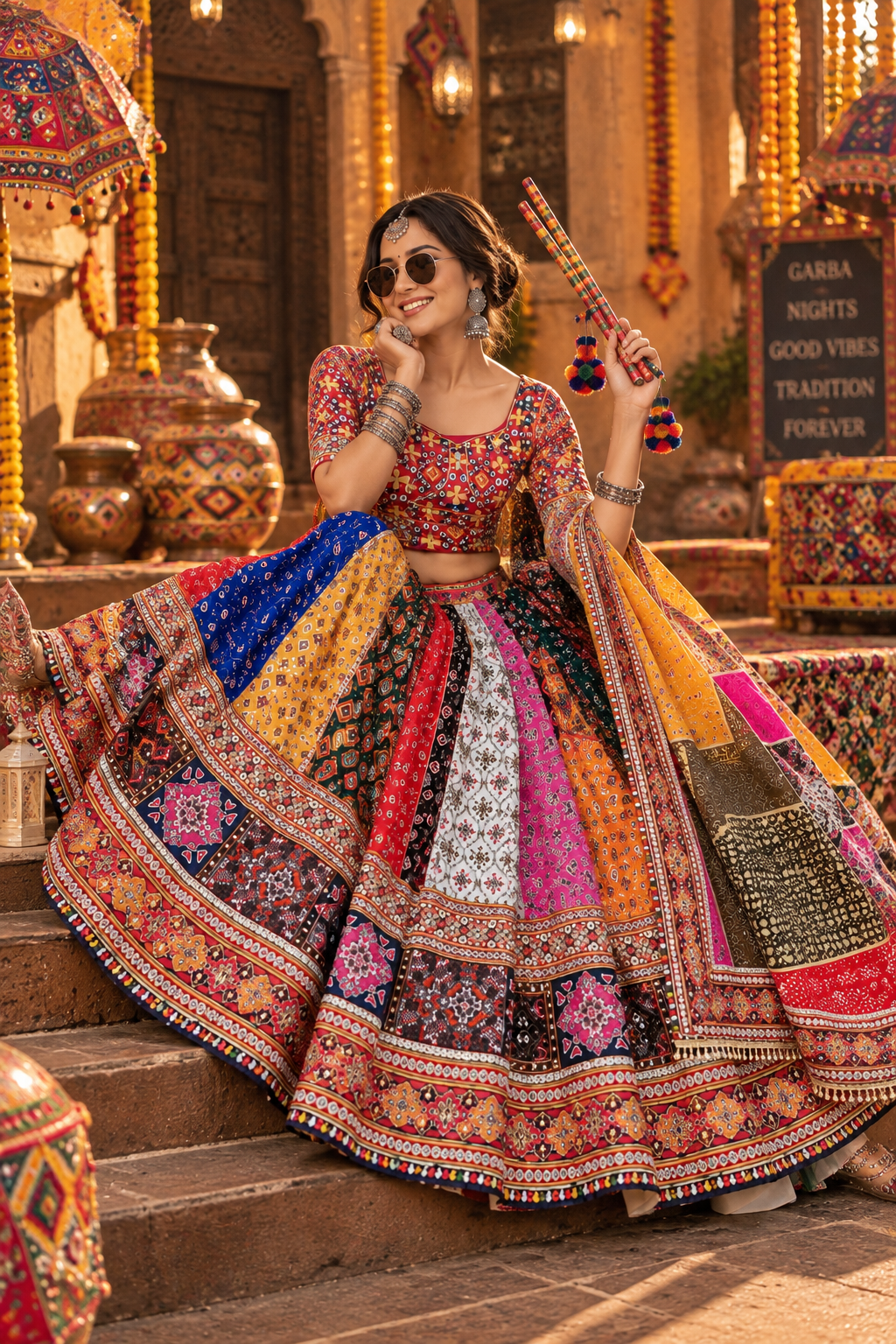 Multi Printed Designer Premium Mirror Work Navratri Lehenga