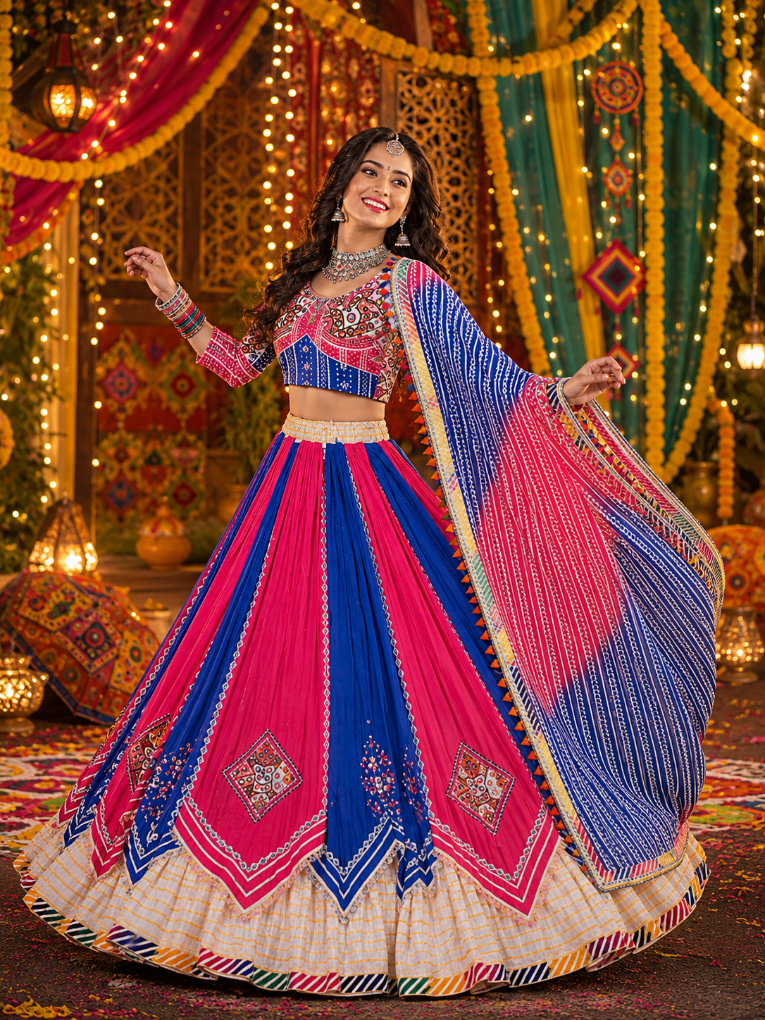 Multi Mirror Work Muslin Navratri Lehenga Choli.