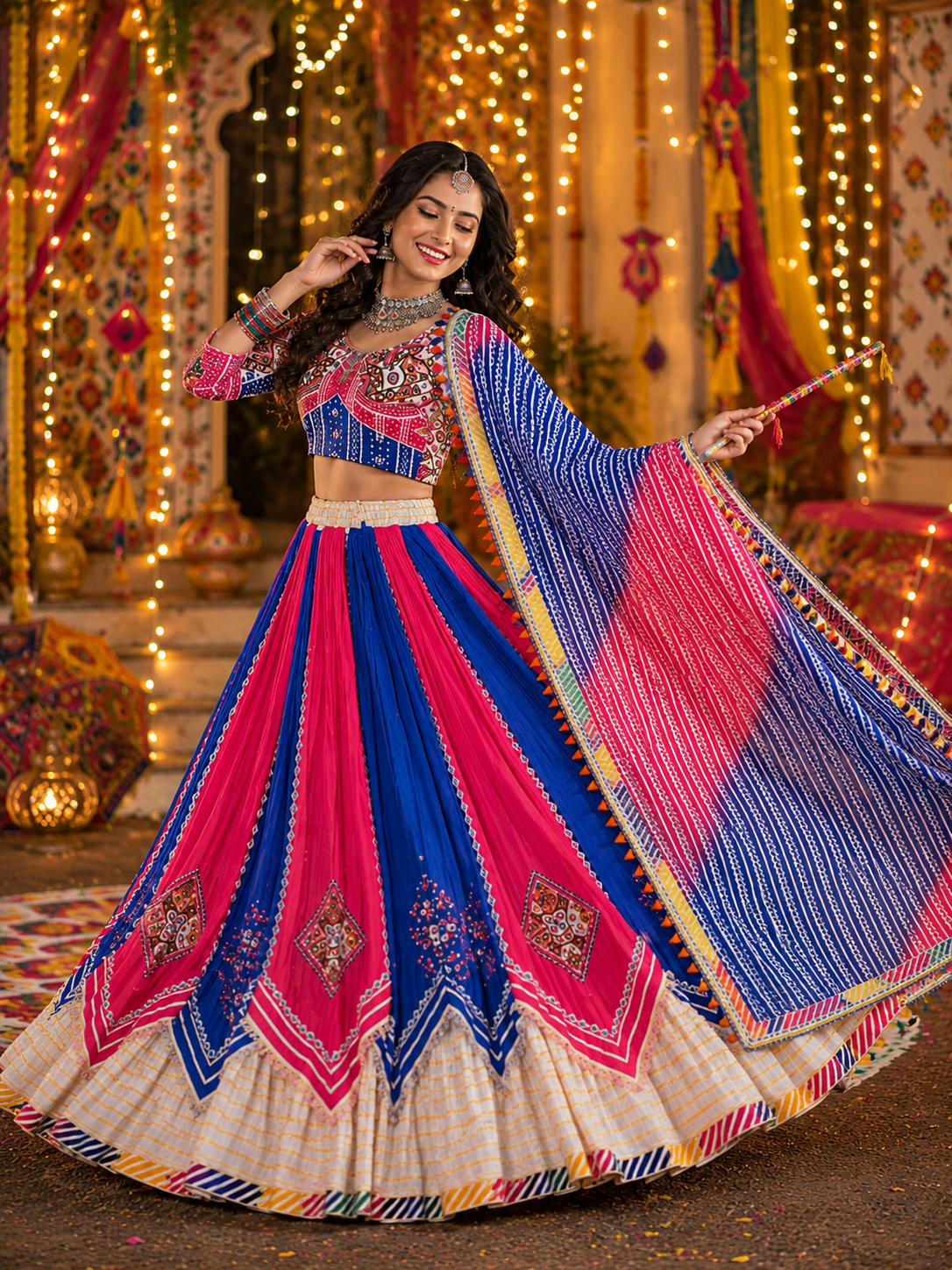 Multi Mirror Work Muslin Navratri Lehenga Choli.