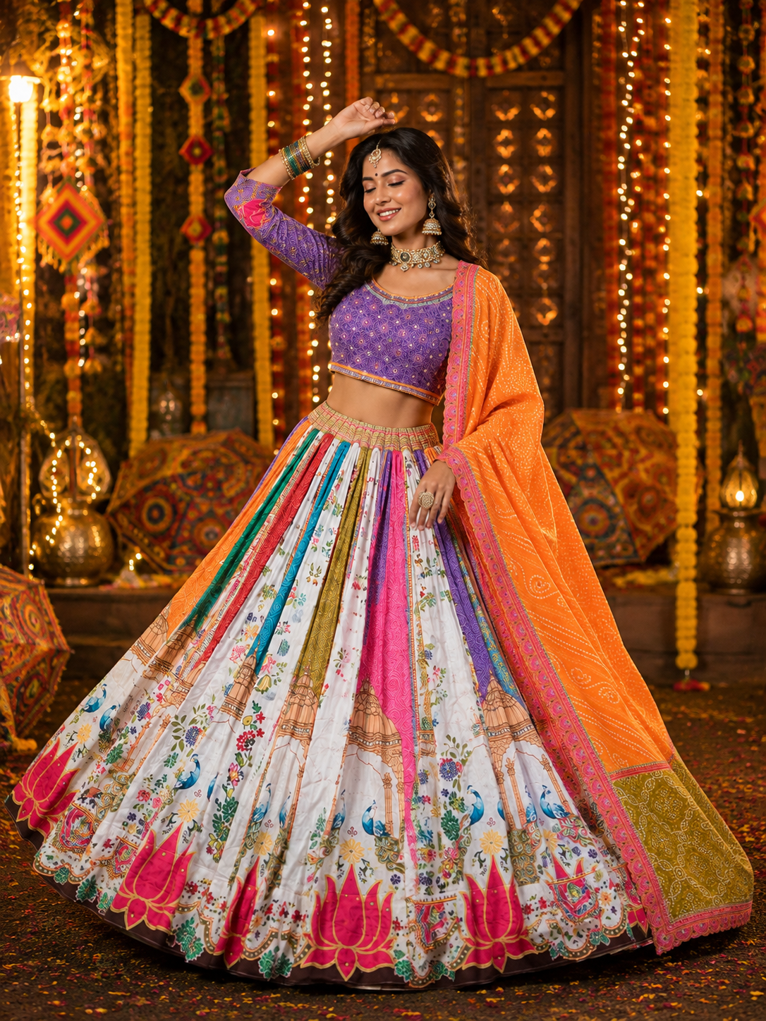 Multi Mirror Work Muslin Navratri Lehenga Choli.