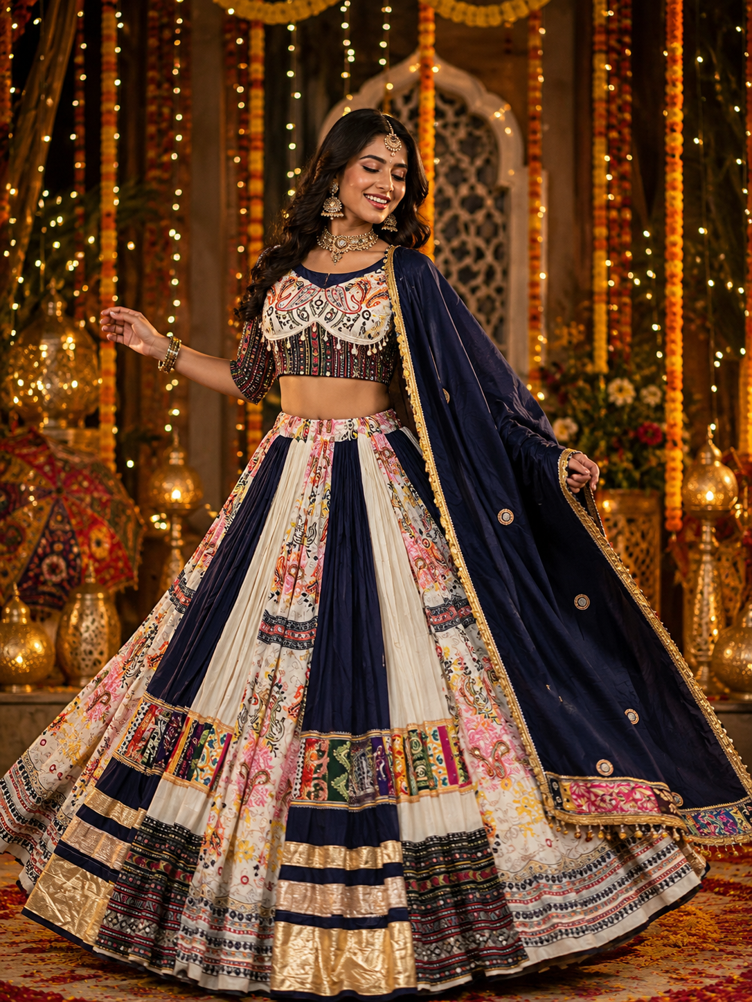 Sky - Blue Mirror Work Muslin Navratri Lehenga