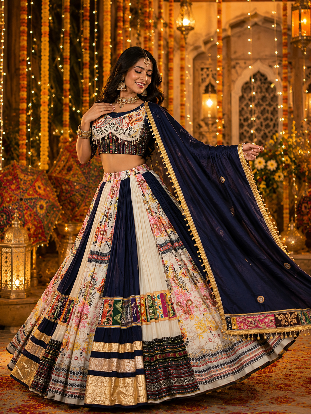 Sky - Blue Mirror Work Muslin Navratri Lehenga