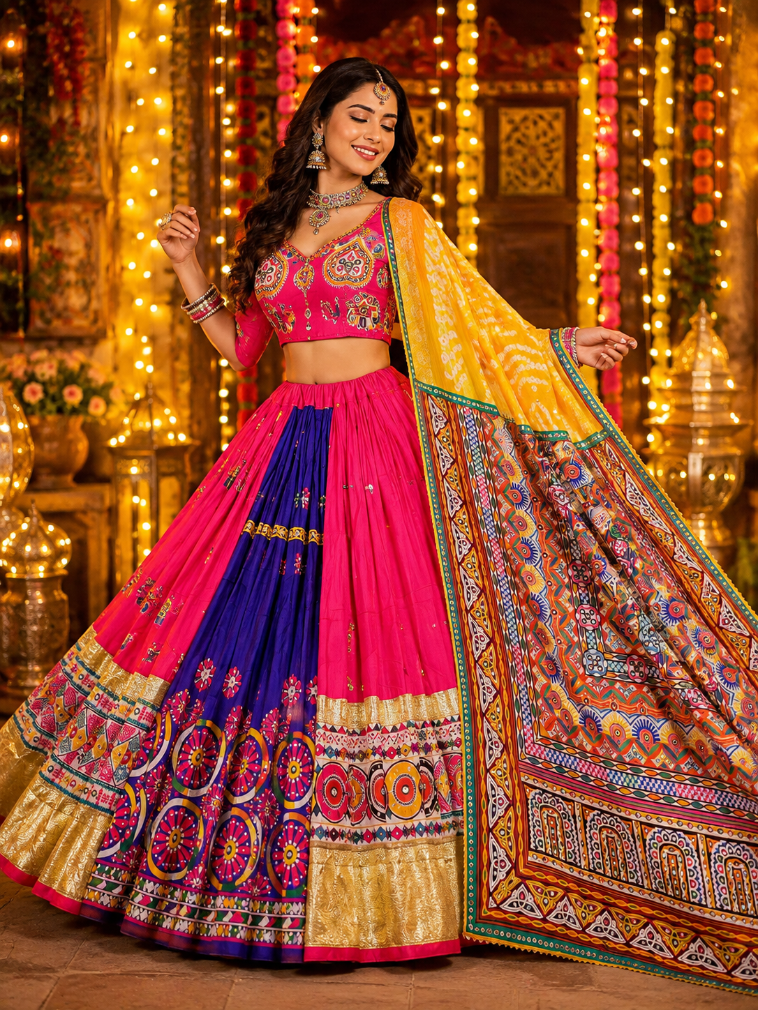 Pink Mirror Work Muslin Navratri Lehenga Choli