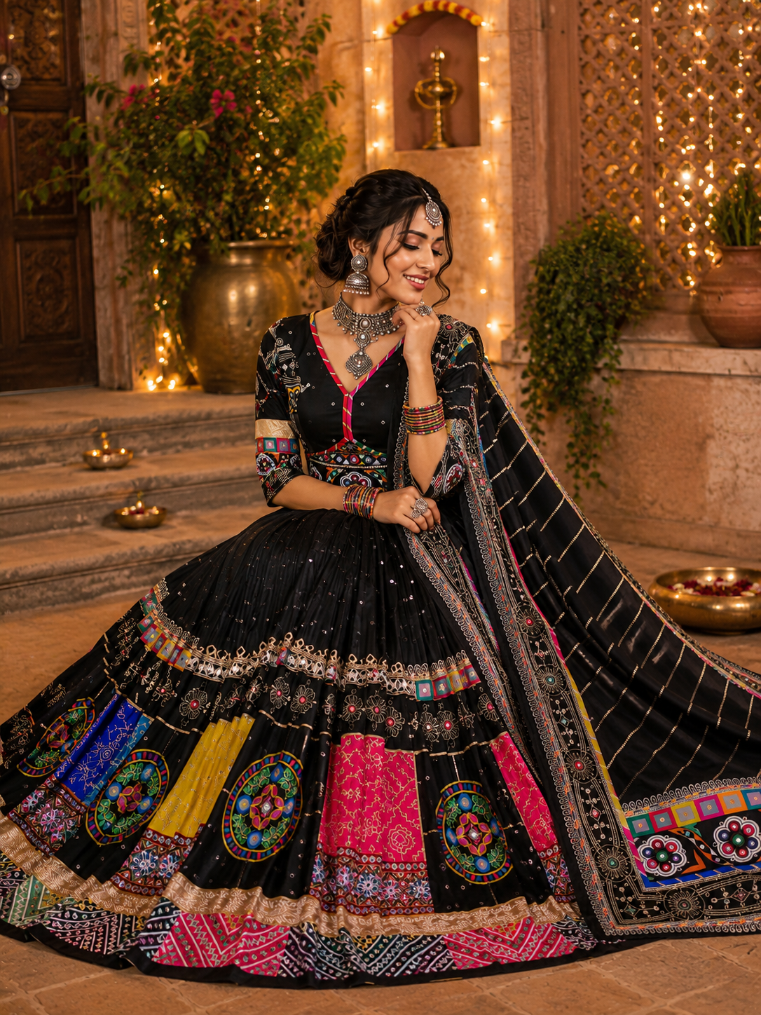 Black Printed Mirror Work Muslin Navratri Lehenga Choli