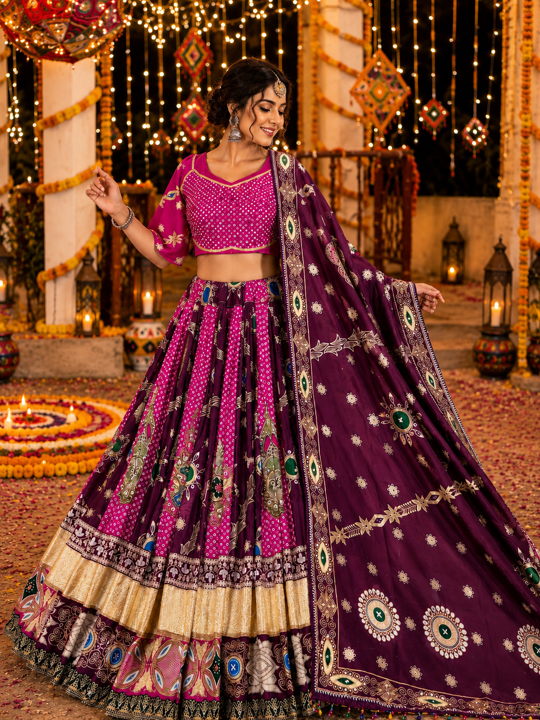 Pink Mirror Work Digital Printed Navratri Lehenga Choli