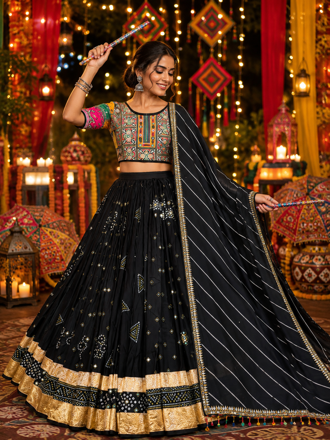 Black Mirror Work Muslin Navratri Lehenga Choli