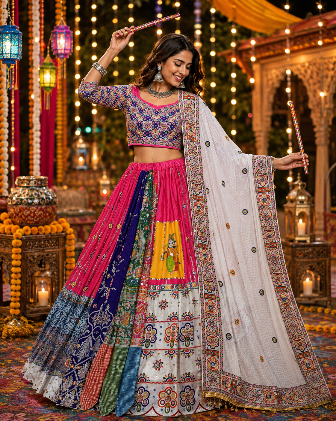 Pink Mirror Work Digital Printed Navratri Lehenga Choli