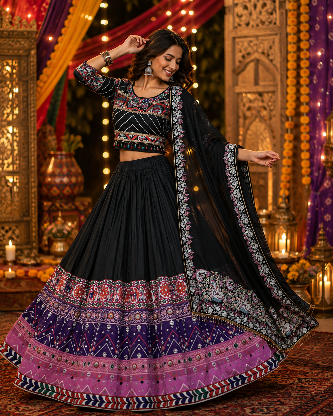 Black Mirror Work Digital Printed Navratri Lehenga Choli