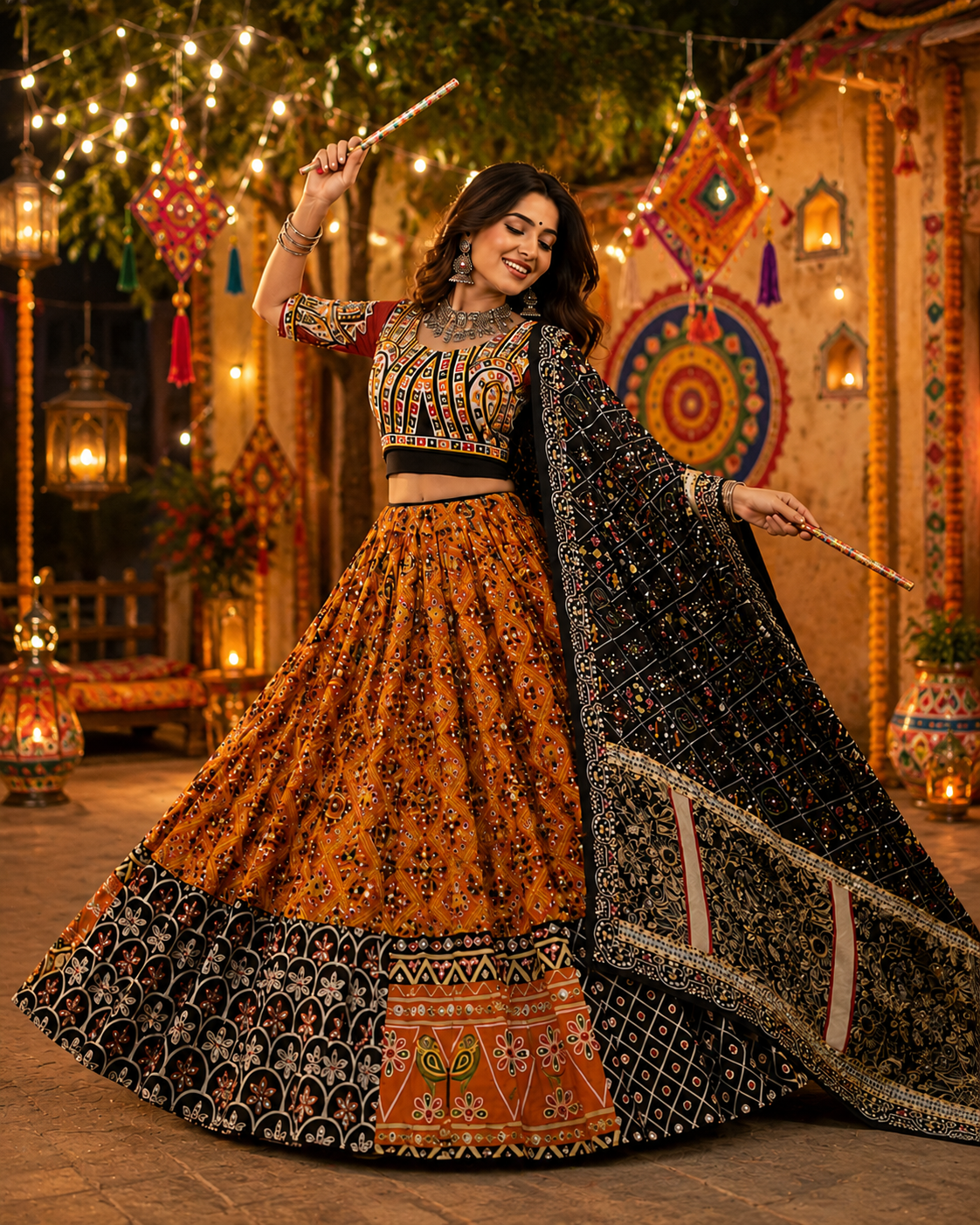 Musterd Yellow Mirror Work Printed Navratri Lehenga Choli