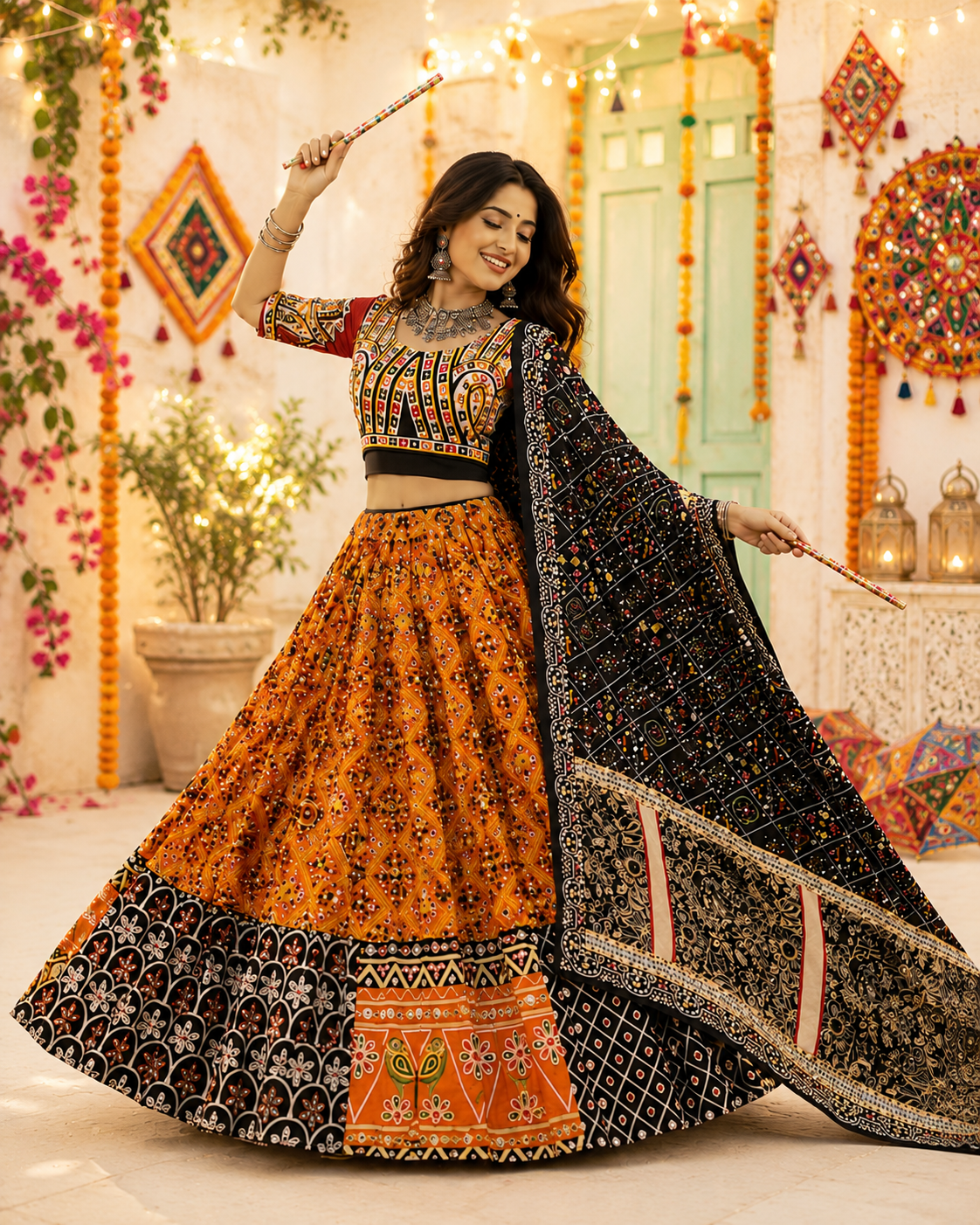 Orange Mirror Work Printed Navratri Lehenga Choli