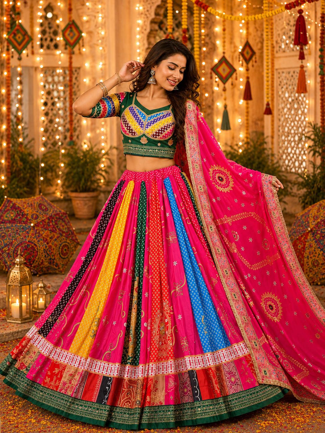 Pink Digital Printed Mirror Work Navratri Rajsthani Lehenga Choli