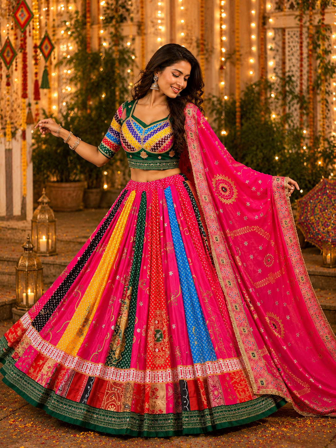 Pink Digital Printed Mirror Work Navratri Rajsthani Lehenga Choli