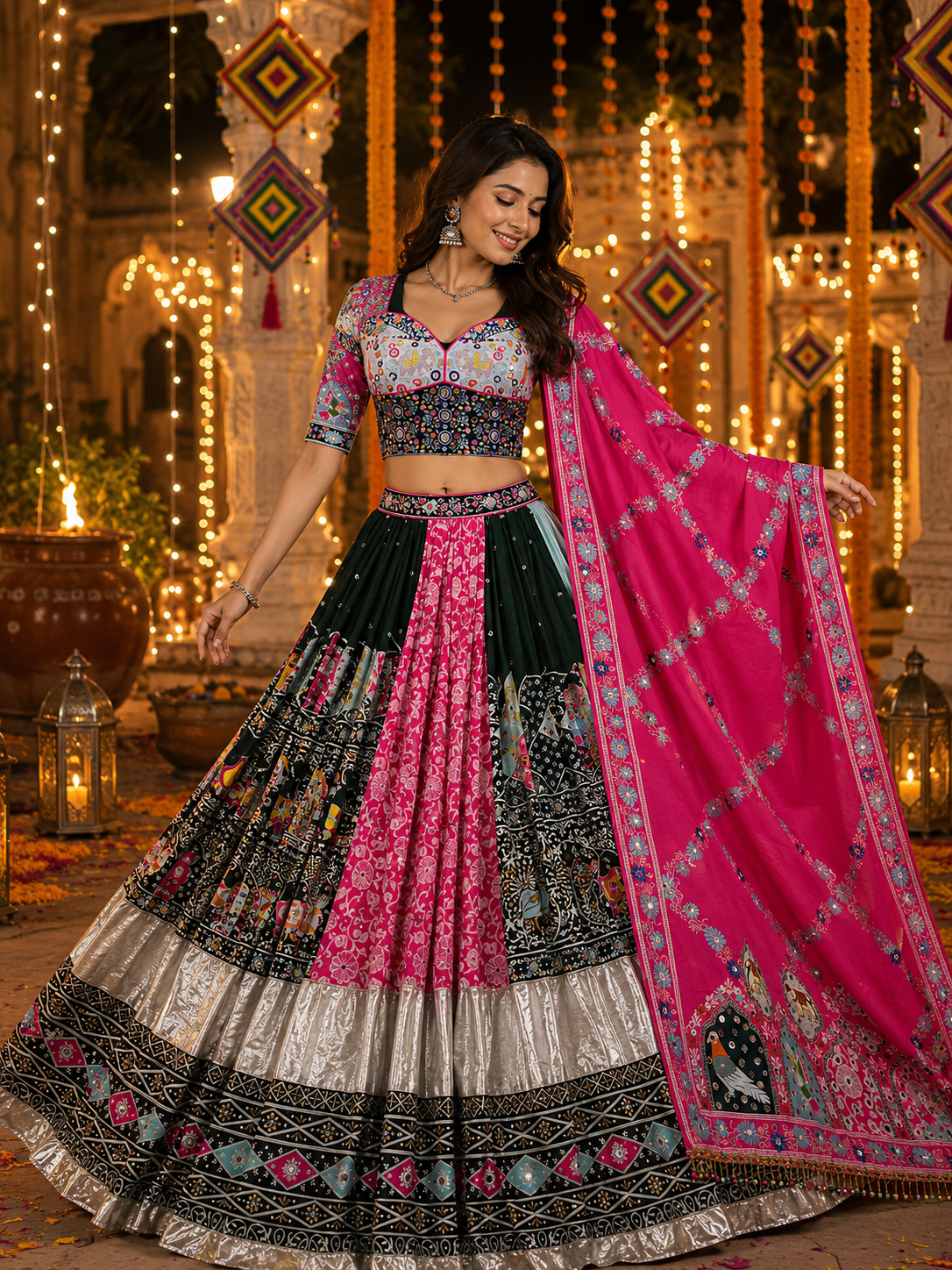 Pink - Dark Green Digital Printed Mirror Work Navratri Lehenga Choli