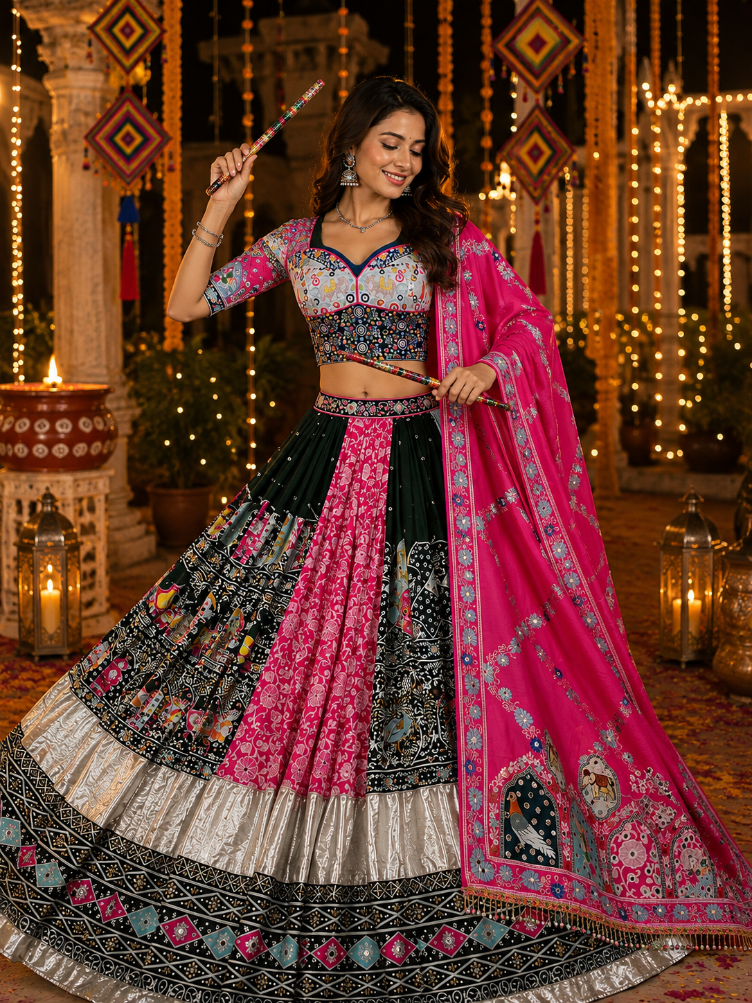 Pink - Dark Green Digital Printed Mirror Work Navratri Lehenga Choli
