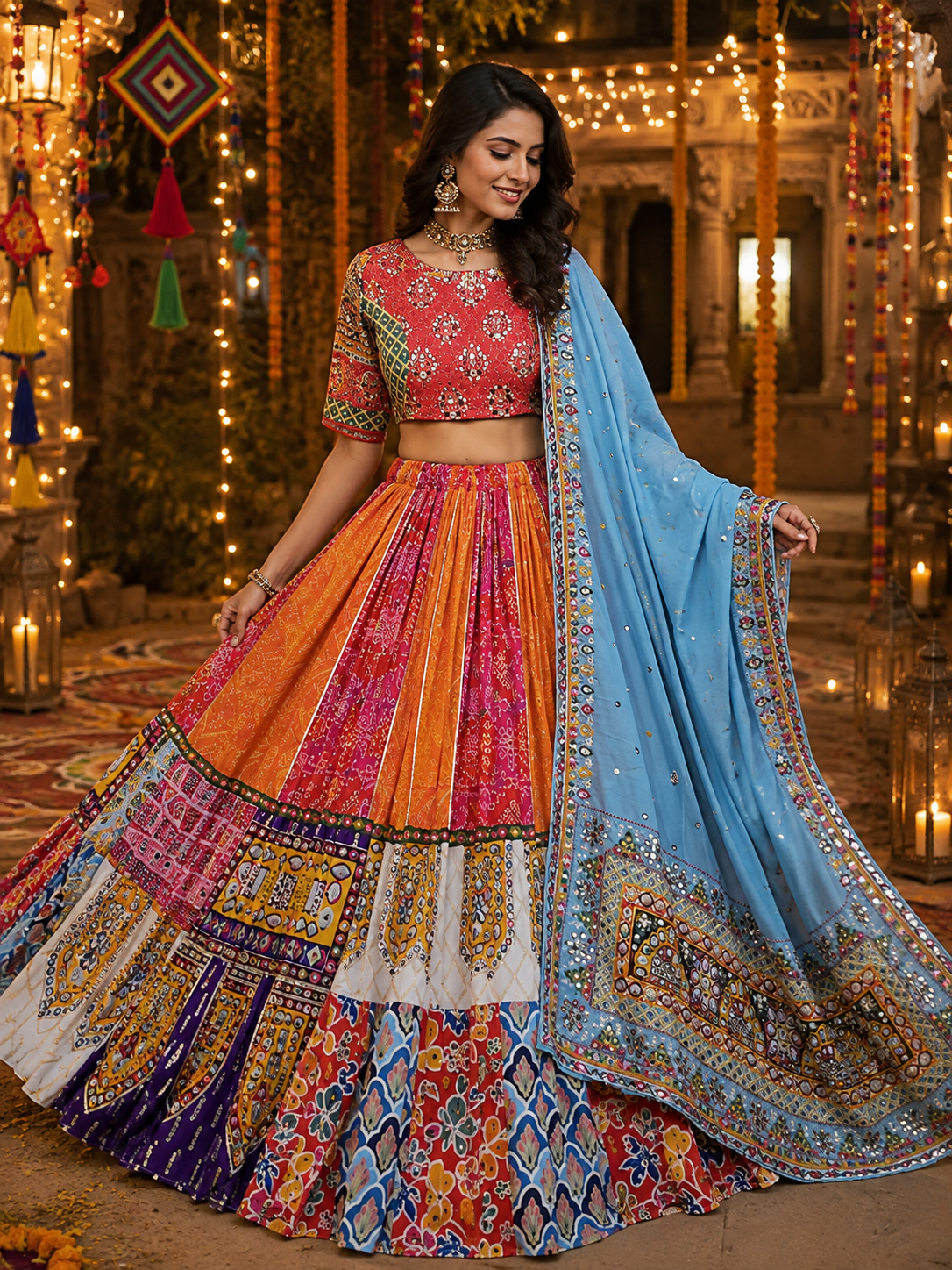 Pink - Orange Mirror Work Navratri Lehenga Choli
